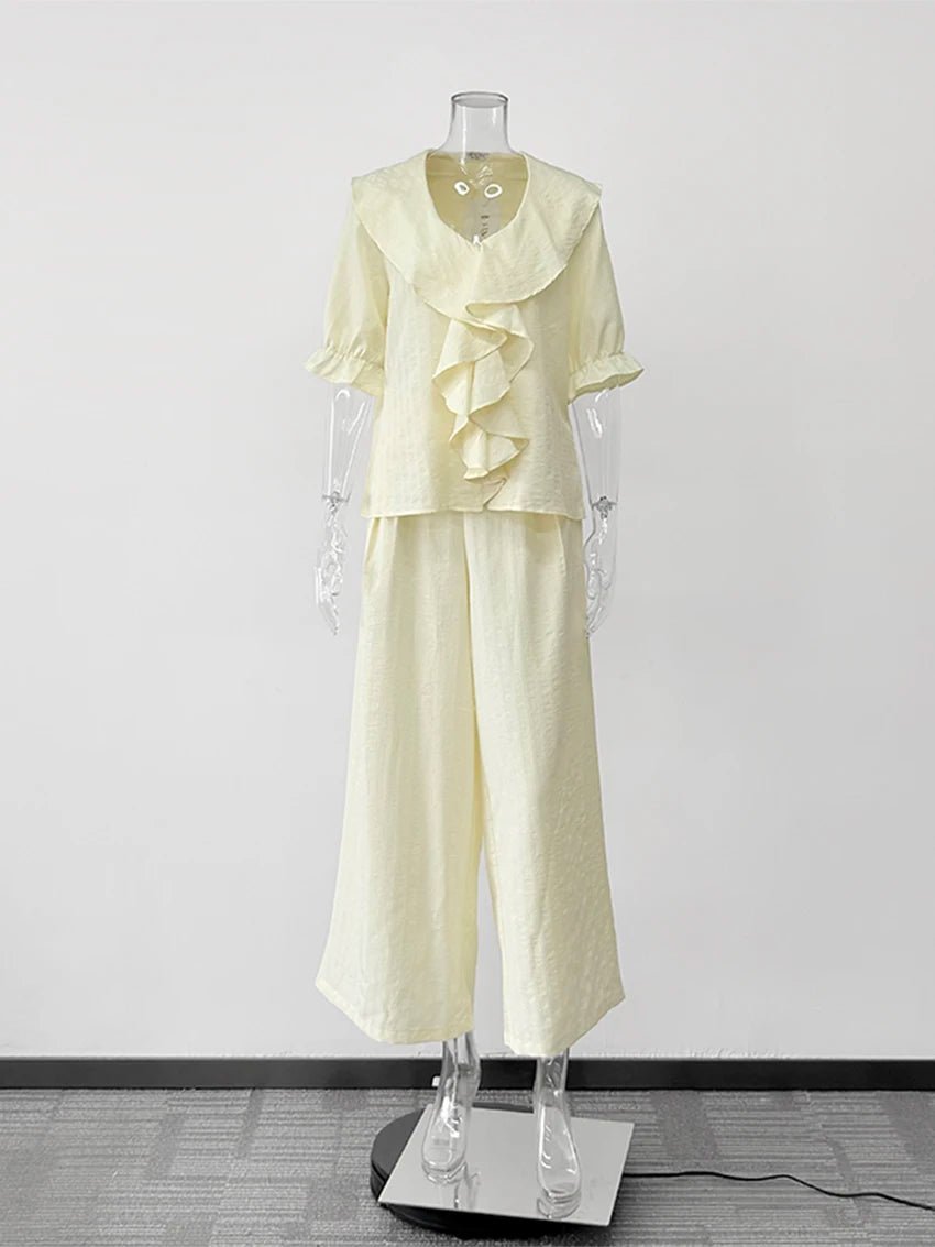 Women Linen Pajama 2 Piece Set Short Sleeve Front Ruffle Shirt PJs Pants Lounge Cute Sleepwear Casual Homewear Set