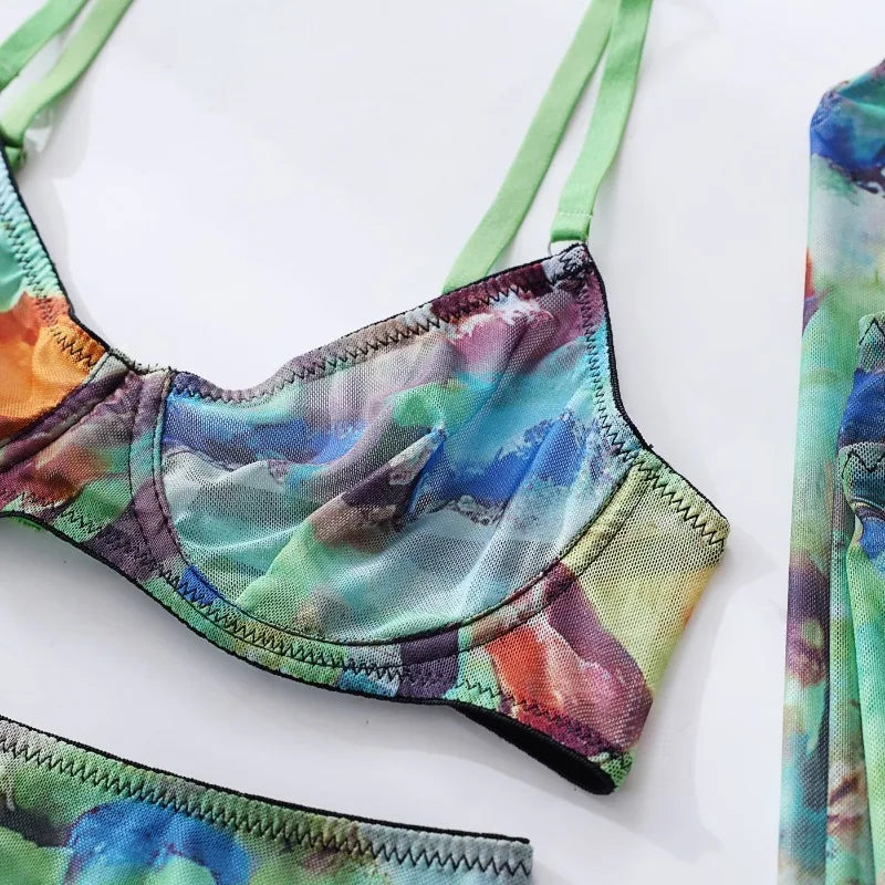 5 Pieces Lingerie Set Women Nightwear tie-dye Printed Halloween Underwear Bras Panties Golves Stocking Erotic Laungerie Set