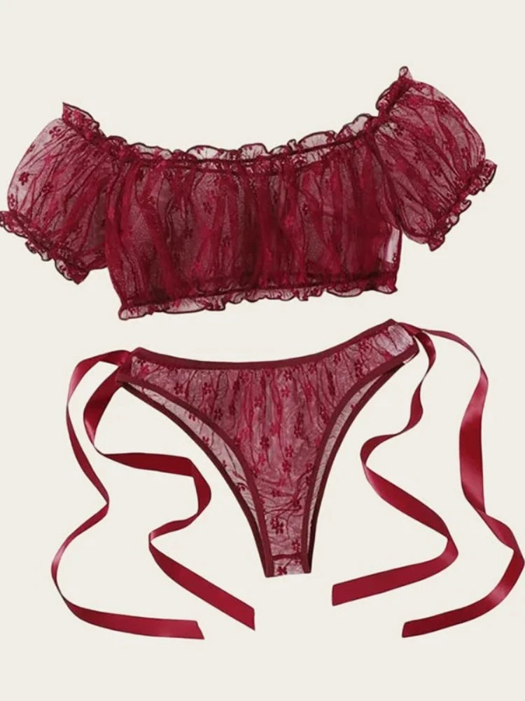 Sensual Lingerie Woman Sexy Bra Set See Through Exotic Sets Babydoll Lingerie Floral Off Shoulder Bralette Ruffle Sexy Underwear