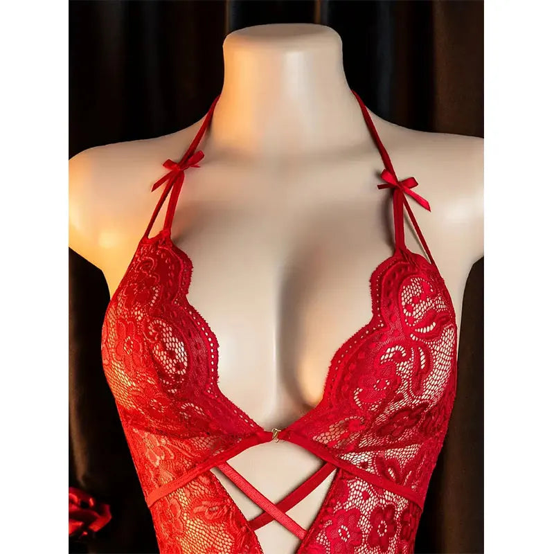 Red Hanging Neck Lingerie Adult Erotic Costume Deep V Bra Crotchless Woman Underwear Sex Night Open Dress Bodysuit Sexy Jumpsuit