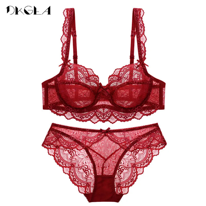 Ultrathin Bra Panties Sets Transparent Brassiere Sexy Underwear Set Plus Size D E Cup Embroidery Women Lingerie Set Lace Bras