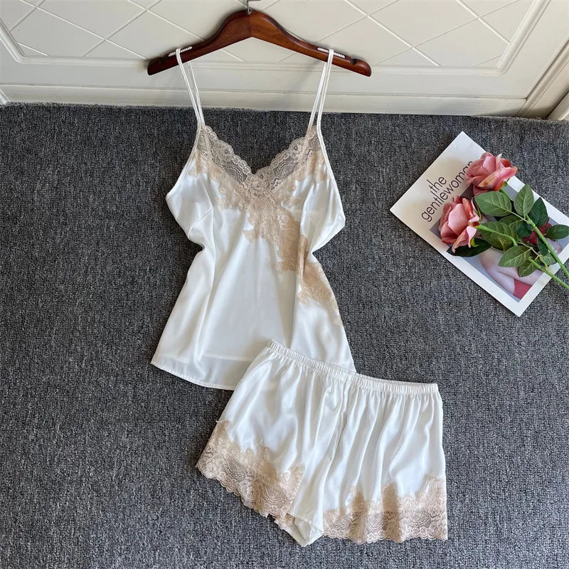 Lace Sleepwear Satin Cami&Shorts Suit Women 2 Pieces Sleep Set Sexy Deep V-Neck Nightwear Thin Home Clothes Lounge Lingerie