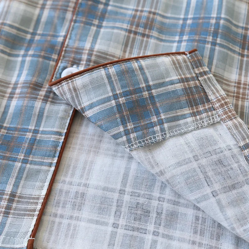 2026 Japanese New Men's Pajama Set Spring/Summer Checkered Simple Long sleeved Two Piece Set 100%Cotton Cardigan Home Furnishing