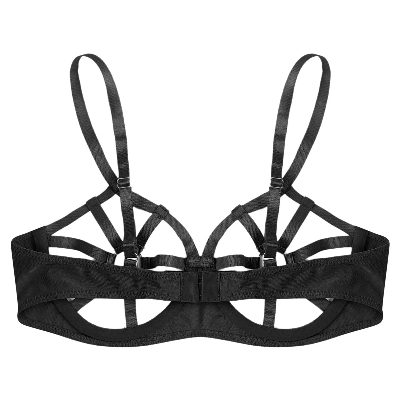 Womens Sexy Lingerie See Through Underwired Bra Balconette Adjustable Straps Shiny Rhinestones O-ring Cutout Cup Push Up Bra Top