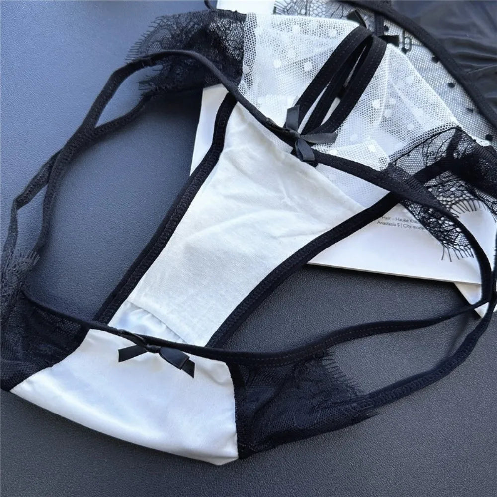 Lingerie Low Waist Underwear for Women Bow Transparent Sweet Lace Panties Hollow Mesh Satin Silk Briefs Girl