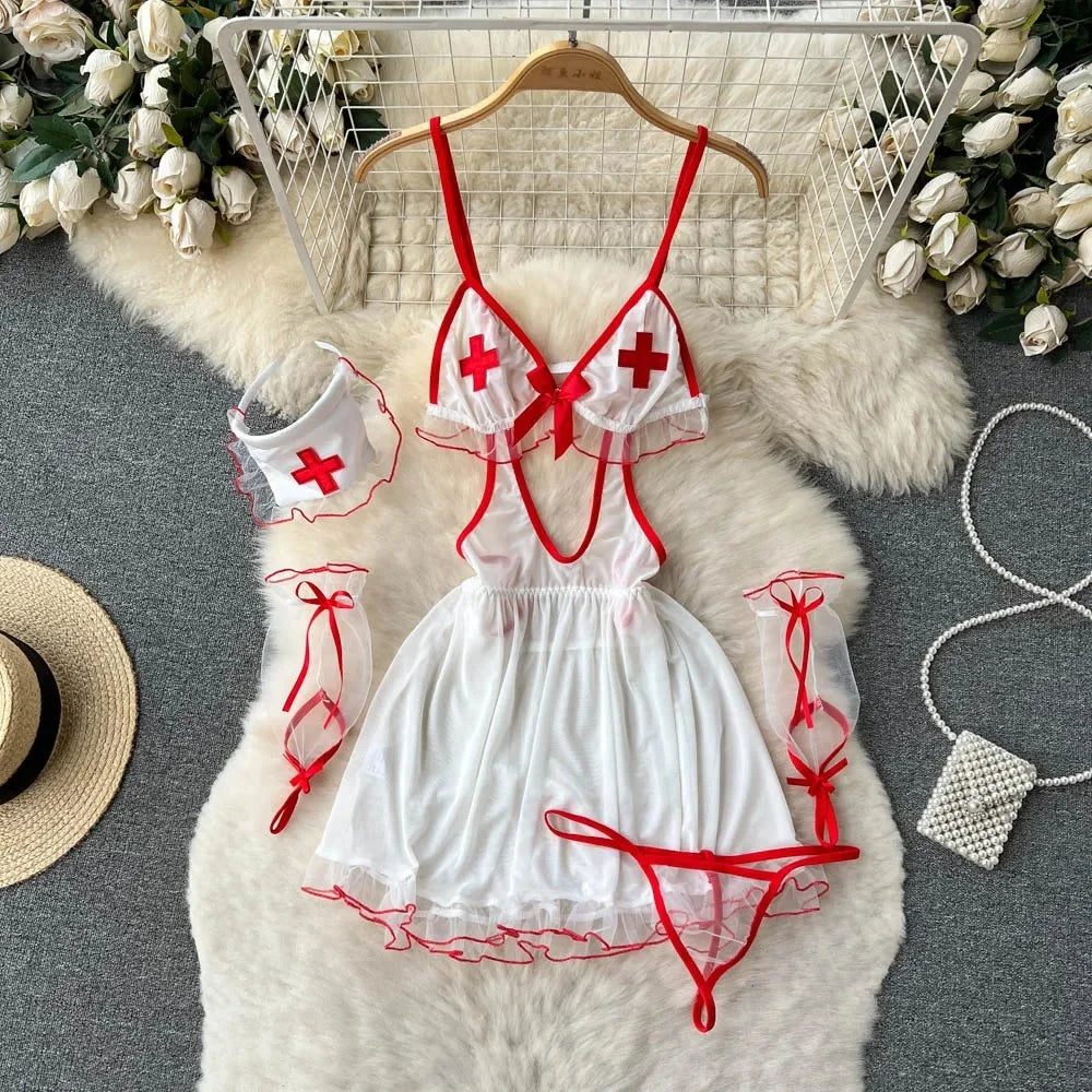 Backless Hotsweet Bow Lingerie For Women See Through Mesh Sexy Bunny Costume Lingerie Bodysuit 4 Piece Jumpsuit Spot Lace Cospla