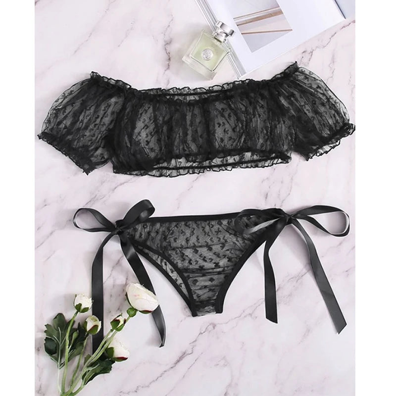 Sensual Lingerie Woman Sexy Bra Set See Through Exotic Sets Babydoll Lingerie Floral Off Shoulder Bralette Ruffle Sexy Underwear