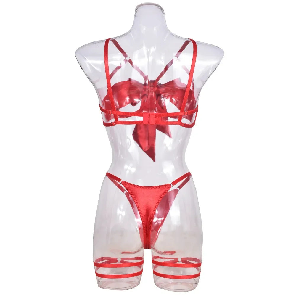 Hot Sexy Lingerie Women's Erotic Lace Satin Sexy Bodysuit Women's Bow Sleepwear Sexy Bra Panties Set Babydoll Exotic Pajamas