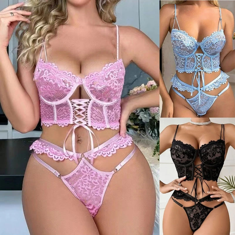 Erotic Lingerie Sexy Lace Underwear 2-Piece Bra Kit Push Up See Through Intimate  Bandage Bilizna Set Fancy Outfits