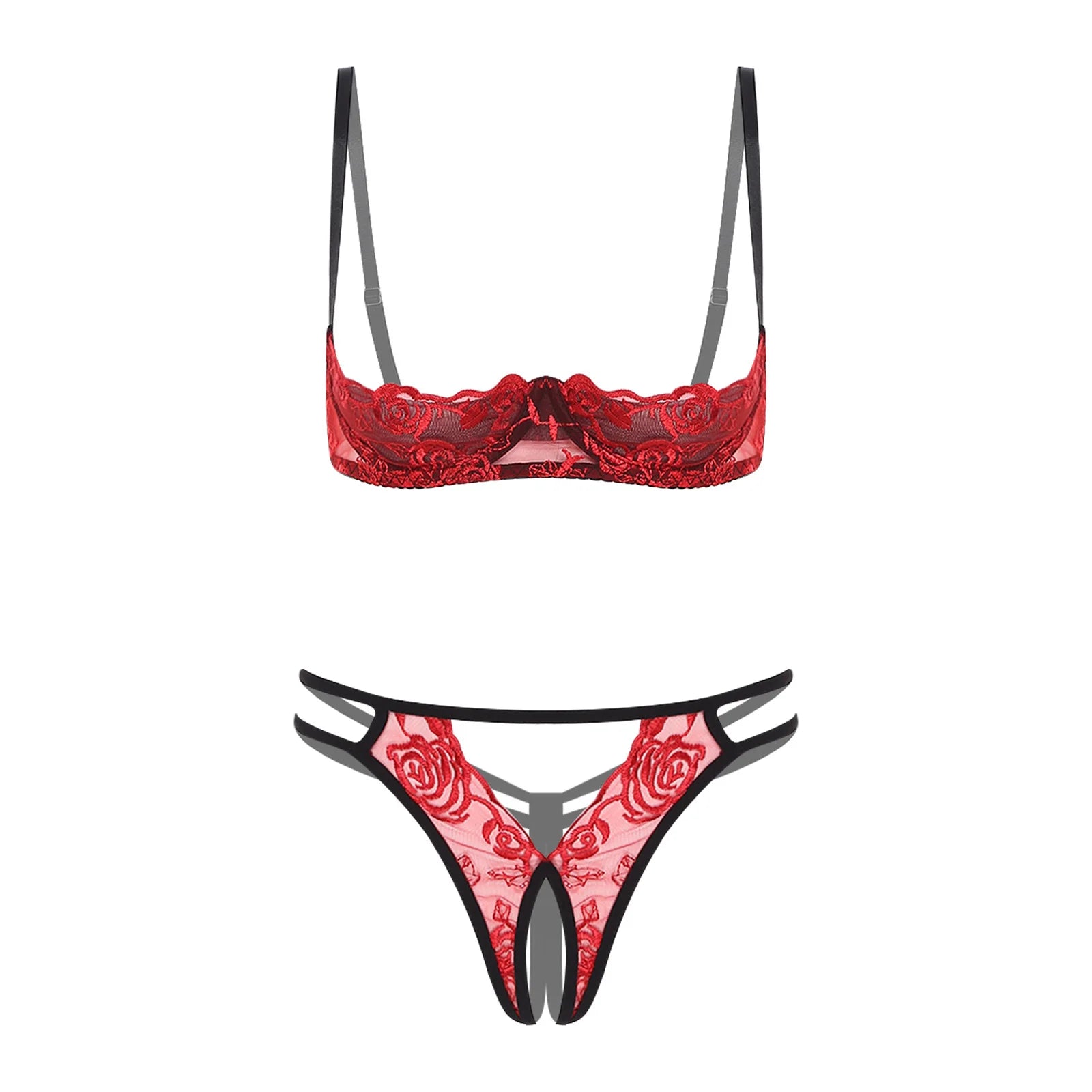 Womens Lingerie Bare Exposed Open Nipples Bra Underwear Set Floral Lace Brassiere 1/4 Cup Underwire Push-up Bralette Balconette