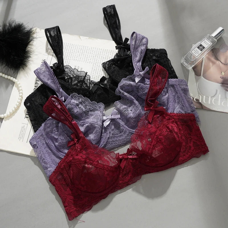 Sexy Ultra-thin Lace Bras Women's Push Up Bra Hollow Out Transparent Gathered Underwear French Elegant Ladies Bow Underwire