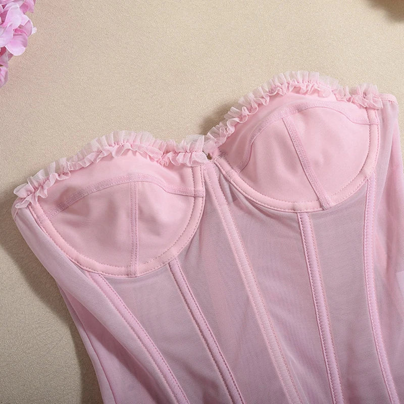 Women Sheer Lingerie Streetwear Lace-up Bustier Corset Tops Slim Backless y2k Tank Top Strapless Striped Sheath Sexy Camisole