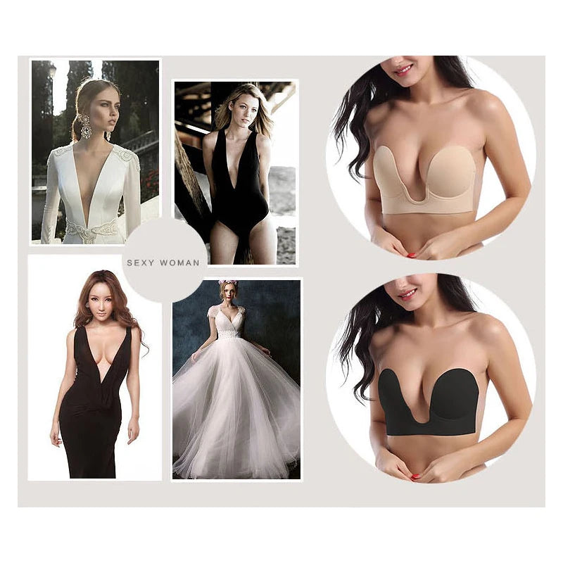Strapless Bras Invisible Push Up Bra Silicone Brassiere Deep U Underwear Dress Wedding Party Sticky Self-adhesive