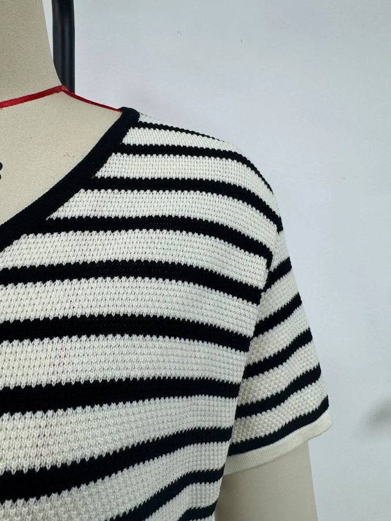 white black stripes short sleeve blouse for women turn-down collar V-neck cropped summer bikini tops hot girl boho beach tops