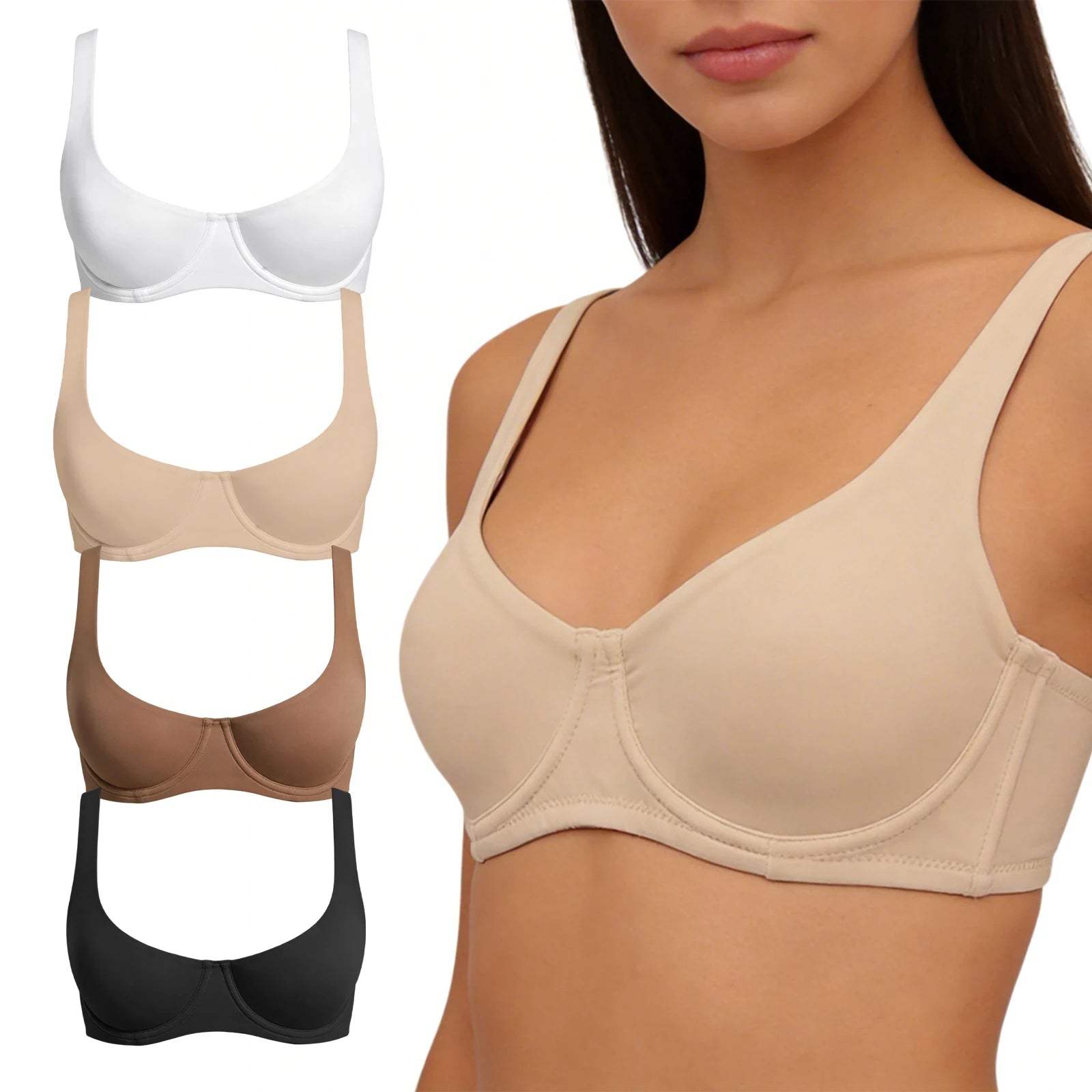 Women's Unlined Balconette Sport Bra Underwire Supportive Plus Size Daily Comfort Smooth Scoop Neck Invisible Under Every Outfit