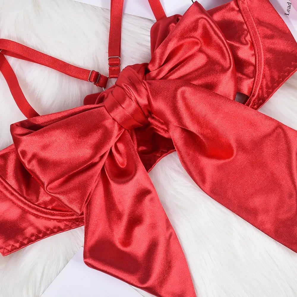 Hot Sexy Lingerie Women's Erotic Lace Satin Sexy Bodysuit Women's Bow Sleepwear Sexy Bra Panties Set Babydoll Exotic Pajamas