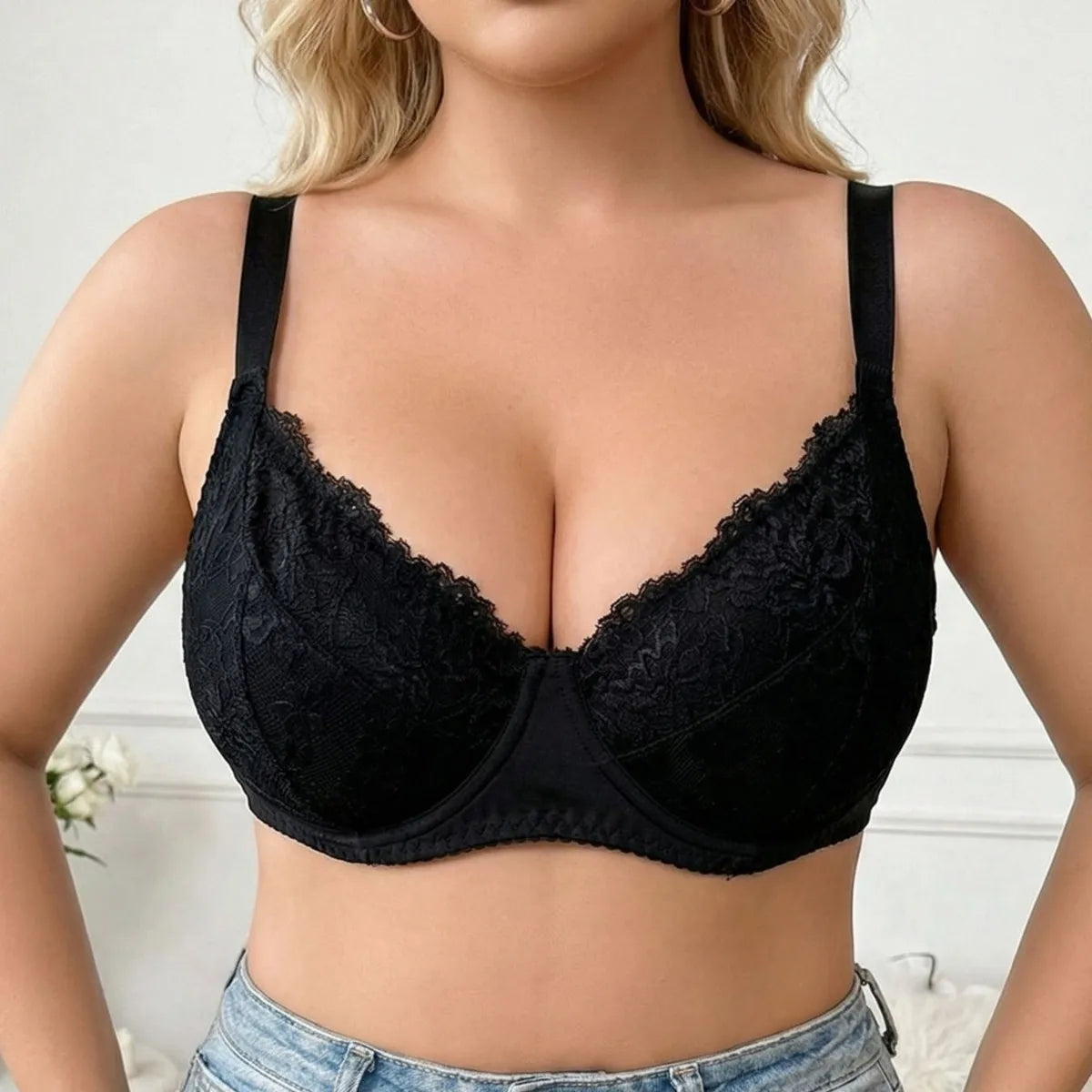 Plus Size Black Lace Underwire Push Up Bra Full Coverage Unlined Minimizer For Large Bust Daily Wear Lingerie For Women