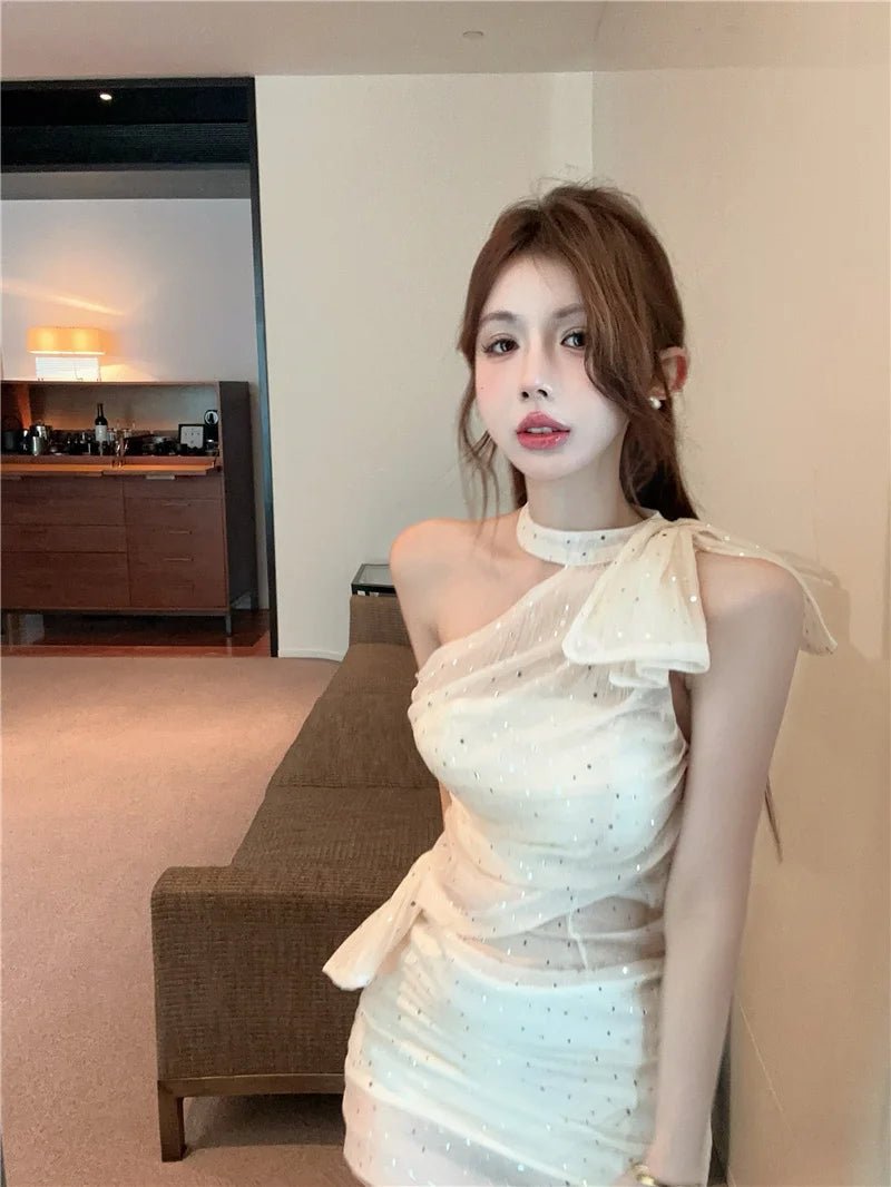 Sexy Sweet And Spicy Shoulder Bared Neckline Sleeveless Dress with Mesh See through Sparkling Sequin Splice Bodycon Short Skirt