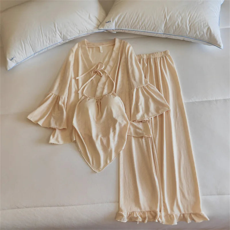 Pajama Set Woman New Chest Pad Sleepwear Ladies Night Wear Clothes Long Sleeve Trousers Suit Cotton Home Pijama De Mujer 3 Pcs