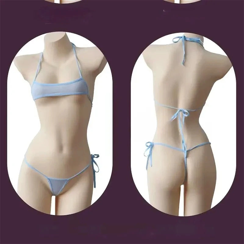 Sexy Lingerie Women's Bikini Exotic Sets Pink Tight Swimsuit T-Panties Set Thin Lace Up Transparent Bikinis Sets Spring Summer