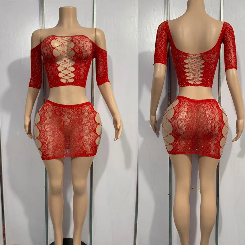 Lingerie Set for Women Lace Transparent Bodystockings Sexy Costumes Crotchless Sleepwear Female Sex  Babydoll Dress