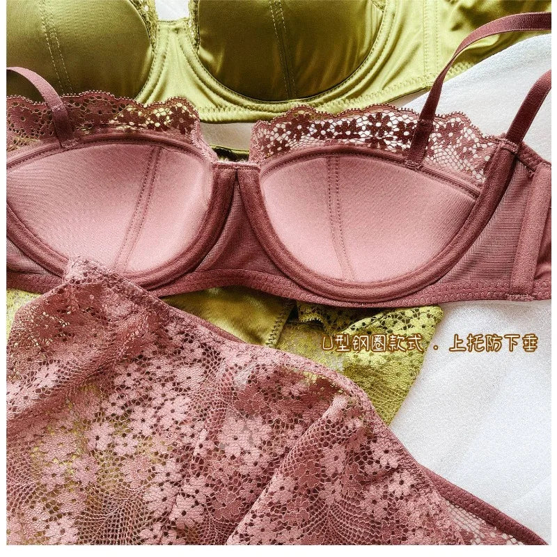 Elegant Sexy  Sheer Lace Balconette Minimizer Bra Set Underwire Push Up Anti-Sagging Side Support Bridal Lingerie for Big Bust