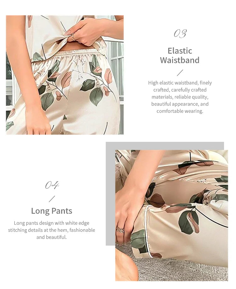 2026 Women's Elegant Leaf Print Satin Pajama Set V Neck Cami Top and Elastic Pants for Comfortable Sleep and Lounging Sleepwear