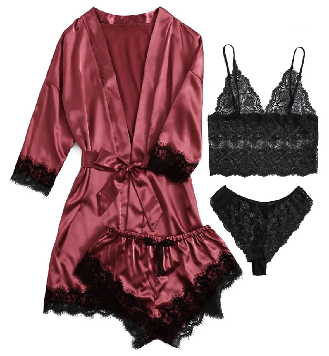 4PCS Satin Pajama Set with Robe - Lace Trim Cami Top & Shorts, The Viral Must-Have Elegant Loungewear for Women's Sleepwear