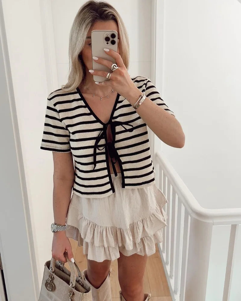 white black stripes short sleeve blouse for women turn-down collar V-neck cropped summer bikini tops hot girl boho beach tops