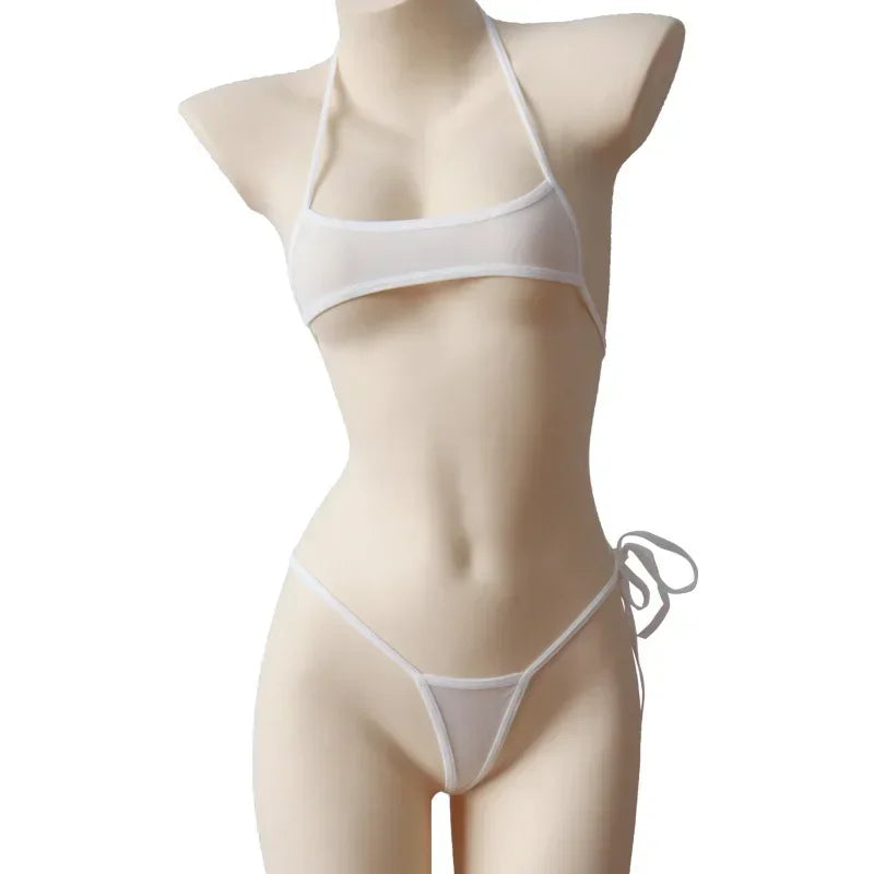 Sexy Lingerie Women's Bikini Exotic Sets Pink Tight Swimsuit T-Panties Set Thin Lace Up Transparent Bikinis Sets Spring Summer