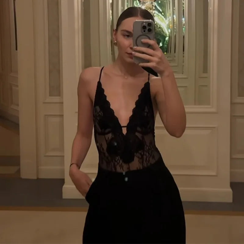 Sexy Women's Bodysuit Halter Lace Deep V-neck Sleeveless   Slim Female Bodysuits 2026 Summer New Fashion Party Chic Lady Top