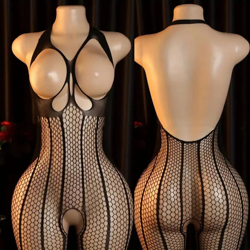 Lace Bra One-Piece Set Crotchless Lingerie Women's Curve Jumpsuit Hot Open Bras Body Stockings Halter Neck See-through Underwear
