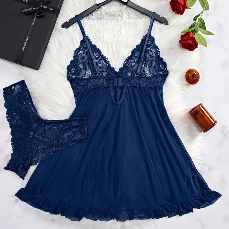 Women's Sexy Lingerie Dress Thin Style G-string Contrast Lace Ruffle Trim Lingerie Set Deep V Slip Thong Lencería Mujeres