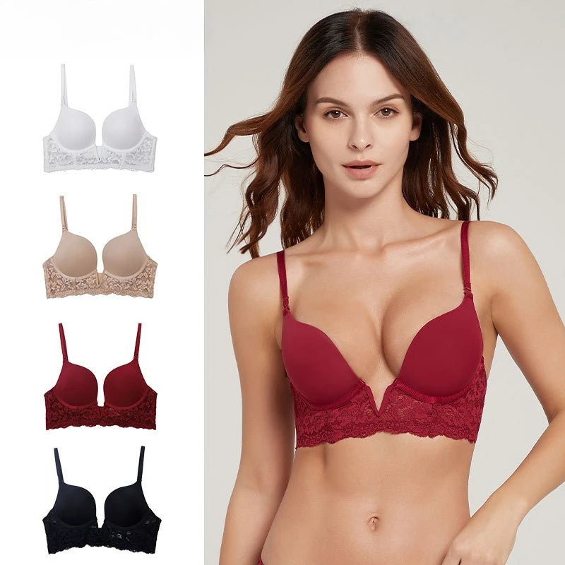 Women Padded Underwired  Push Up Lace Bras for Plunge Deep V Low Back Removable Strap Sexy Lingerie Brassiere Femme Underwear