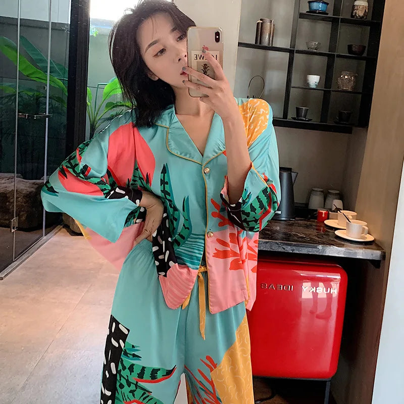 Satin Pajamas Set Spring Summer Home Suit with Pant Women's Print Pijama Suit Silk Pijama Set Sleepwear for Female Pyjamas