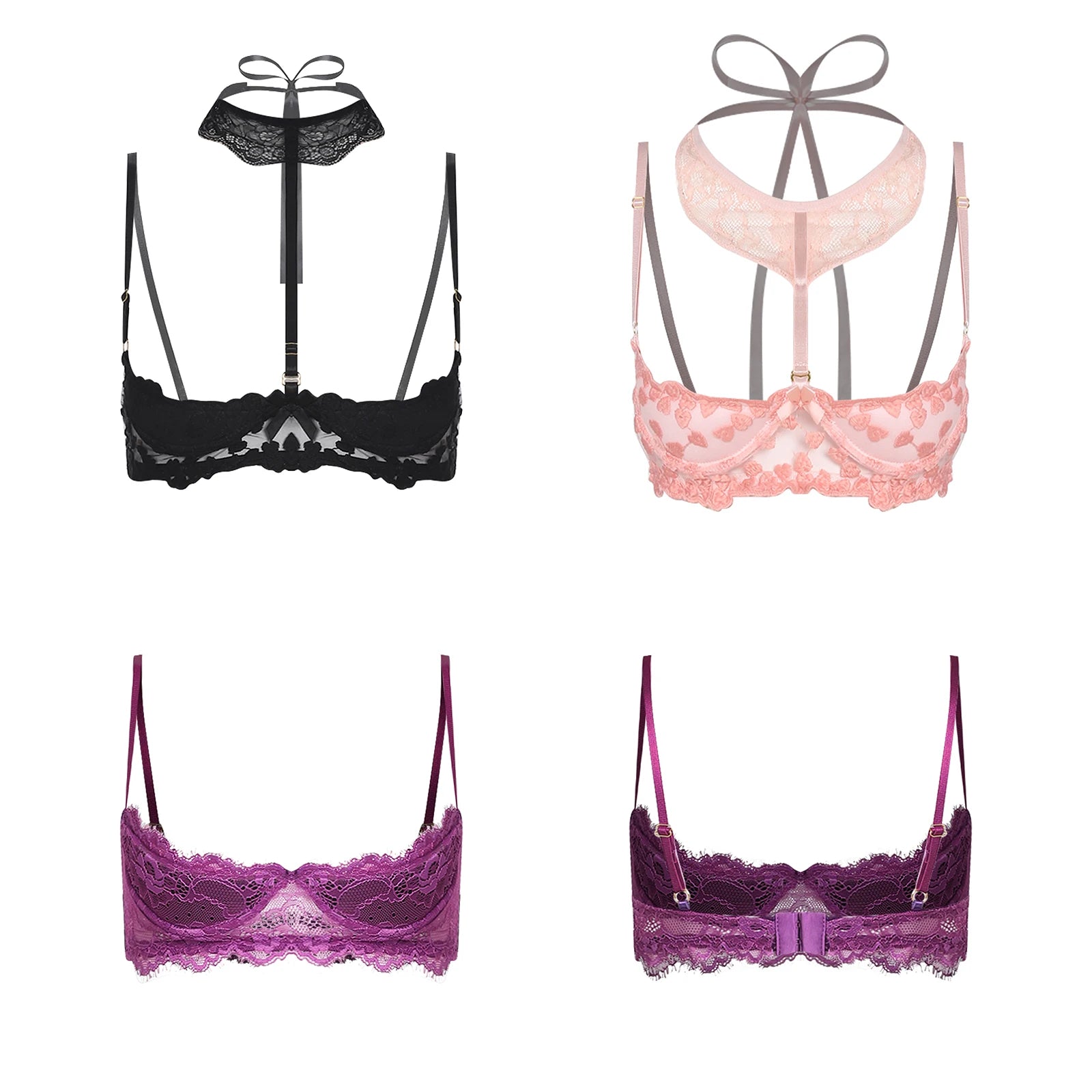Women Padded Cup Push-up Underwire Bra Balconette Lingerie 1/4 Cup Floral Lace Single Bra Exposed Nipples Chest Halter Brassiere