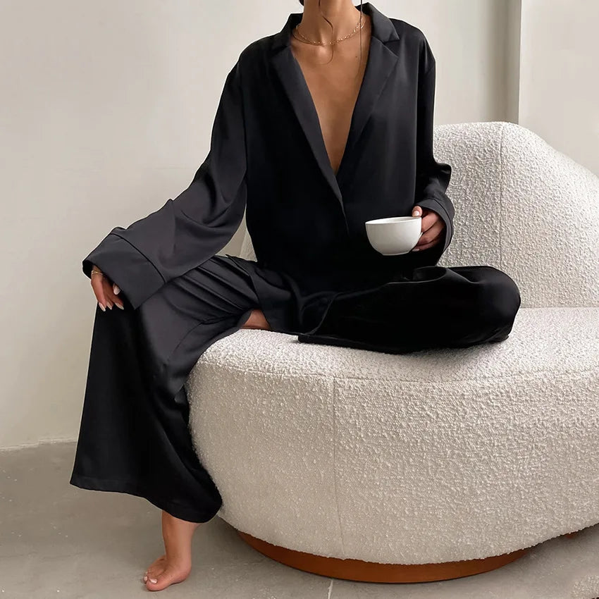 2026 Sexy Low Cut Pajama Sets for Women Loose Casual Long Sleeve Trouser Home Wear 2pcs Sets Solid Satin Silk Female Pijama Suit
