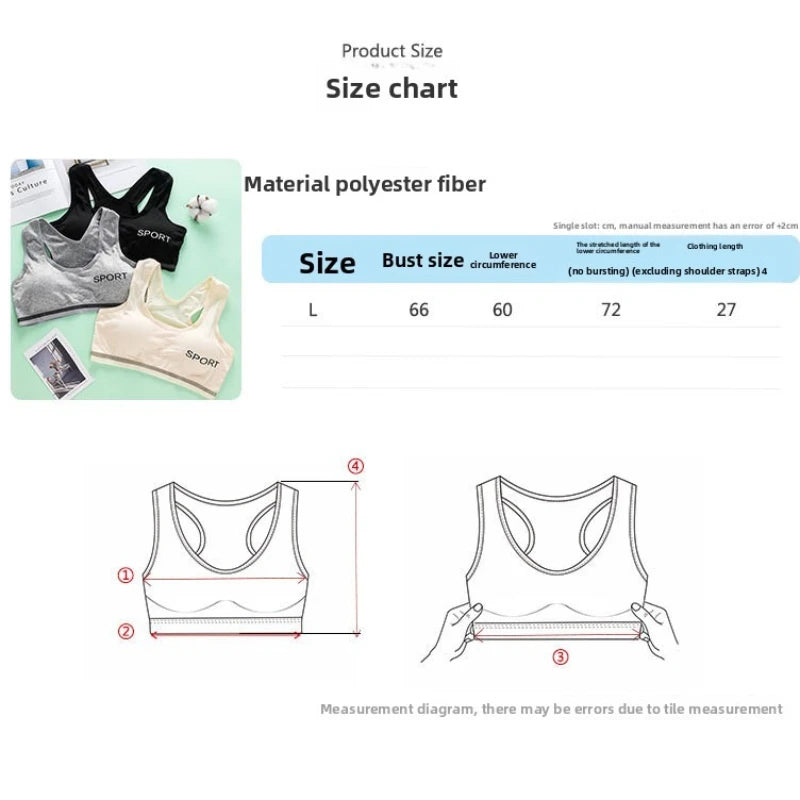 Adolescent Girl Sports Bra Breathable Lightweight Sponge Pad Wide Shoulder Strap Vest Solid Color Simple and Comfortable Bra