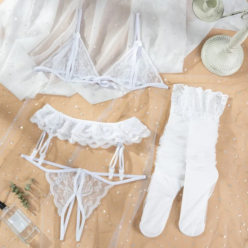 Sexy Lingerie with stockings Set Women's Intimates lace Underwear Bra Panties Set G-string Garter Belt sexual lingerie erotic