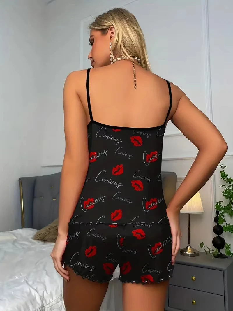 Summer Pajama Set For Women Sleepwear Red Lip Printed Scoop Neck Cami Top & Elastic Waistband Shorts Sets Loungewear