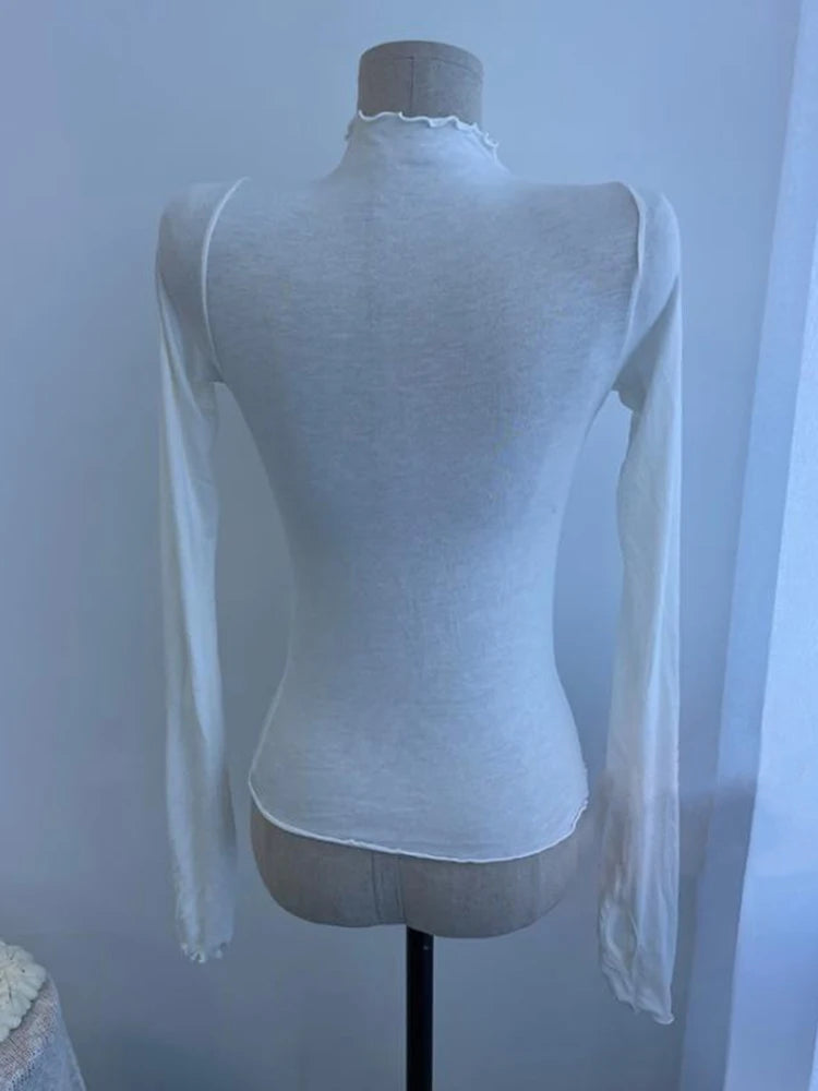Sexy See-through T Shirt Women High Elasticity Tee Shirt Slim Thin Ruffled Turtleneck T-shirt Female Solid Top