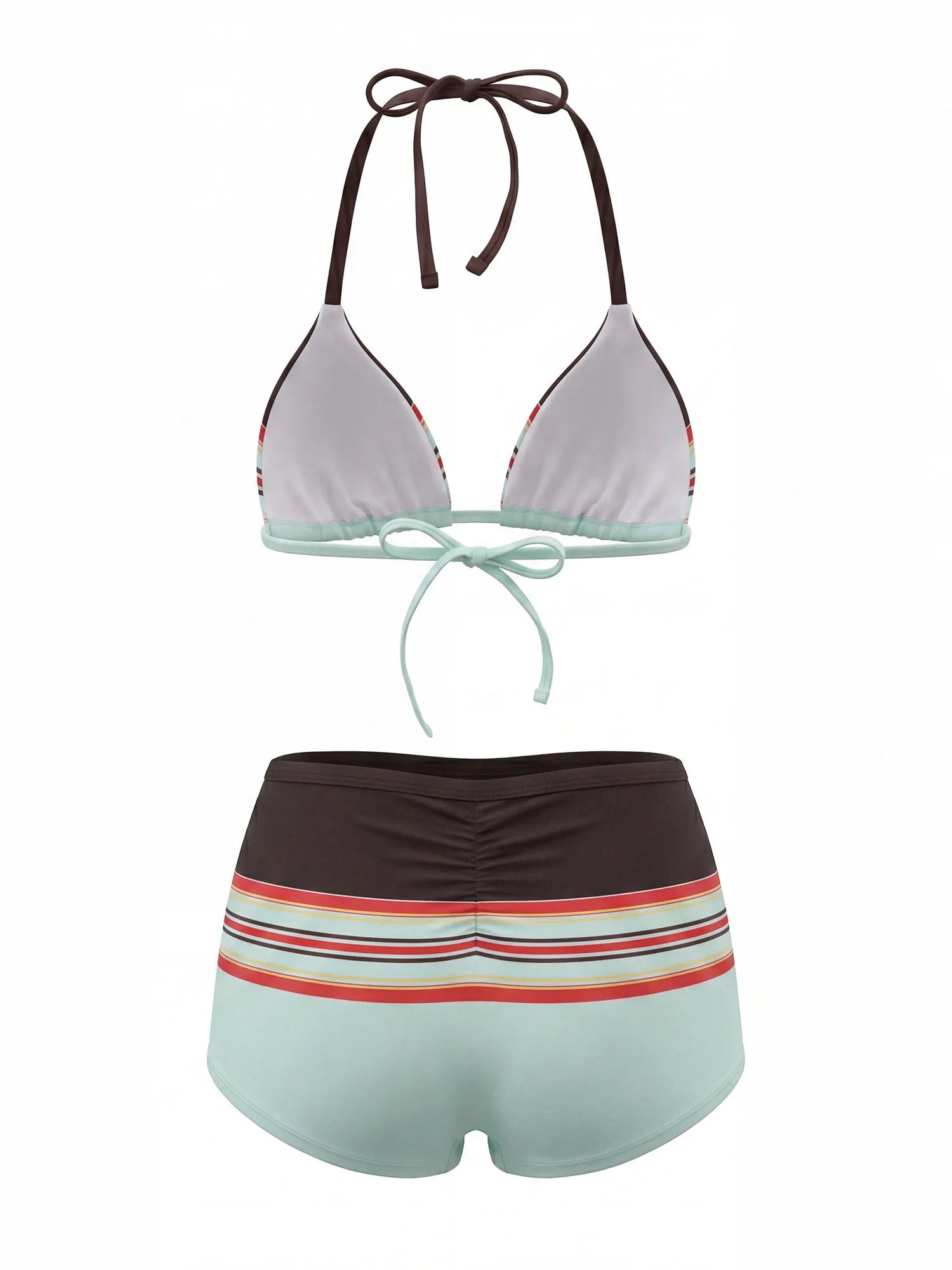 Womens Striped Bikini Sexy Halter Bra Tops with Shorts 2 Pcs Set Summer Beach High Waist Swimwear Female Bathing Suit