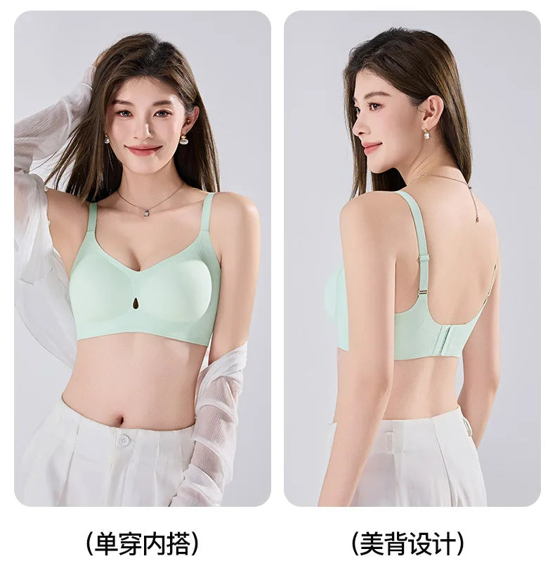 Ribbed Fashion Seamless Bra Without Underwire Skin-Friendly Comfortable Breathable Lift Small Chest Gather Soft Support Bra