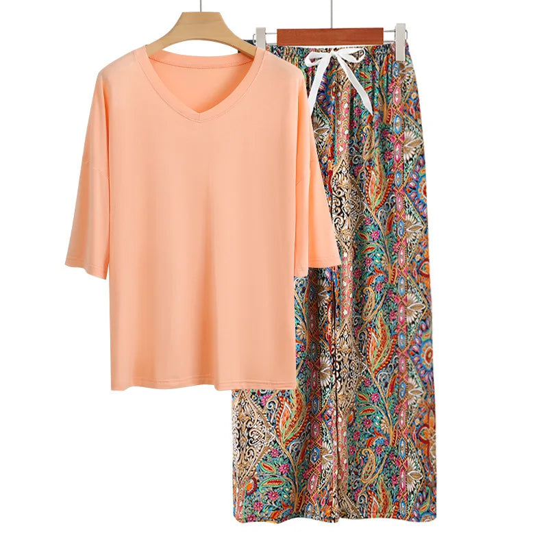 Casual Pajamas Set Spring Summer Short Sleeve Tops Long Pant Suit Elegant Women's Pijamas Home Sleepwear Clothes Pijama Mujer