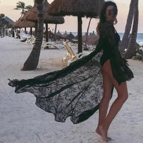Women Sexy Lace Mesh Night Dress Hollow See-Through Long Robes Beach Cover-ups Cardigan Lingerie Sleepwear Nightwear Sleep Dress