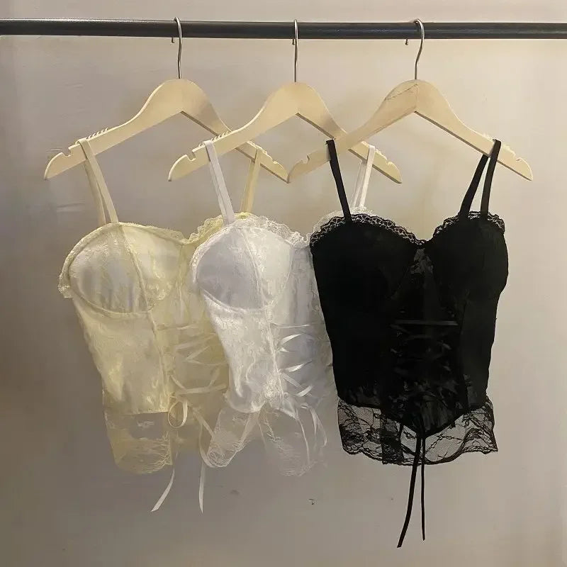 Sexy Lace Corset Crop Top Women Sleeveless Bandage Camisole Fashion Sling Tank Top Streetwear Blouse