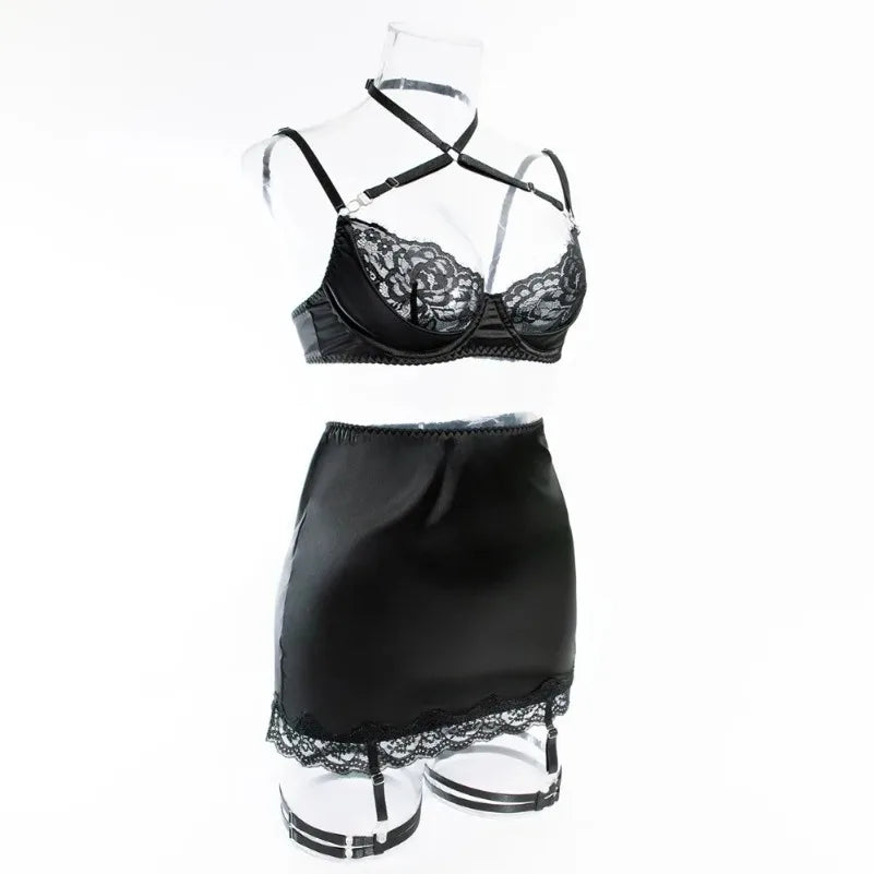 4 Pieces Sexy Lingerie Sets Women Hot Halter Lace Bra and Panty Garters Mini Skirt Set Sissy Erotic Costumes Romantic Underwear