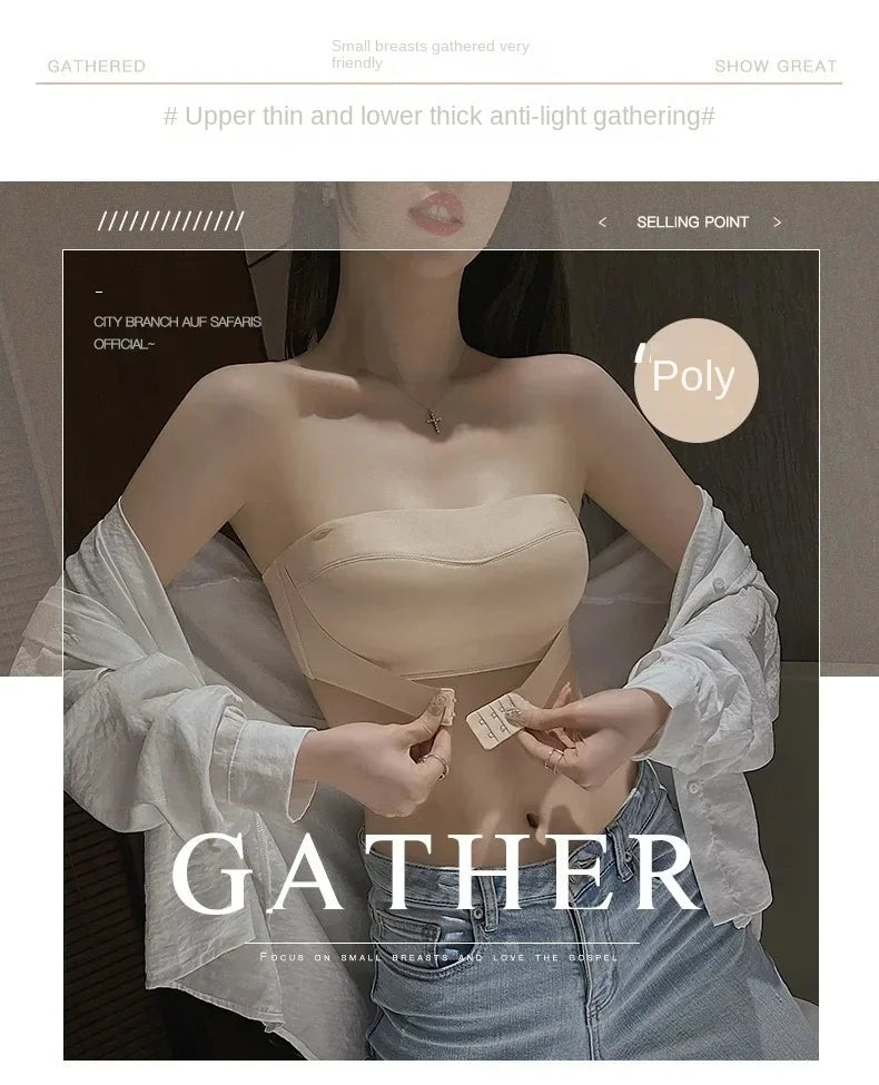Strapless Women's Underwear Non-slip Gathered Small Chest Tube Top Beautiful Back Invisible Anti-light Wedding Women's Bra