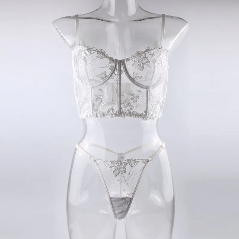 Womens Lingerie Set  White Embroidered Fish-bone Bra Underwear, Thong, Tank Top - A Set of Sexy Lingerie in A Variety of Styles