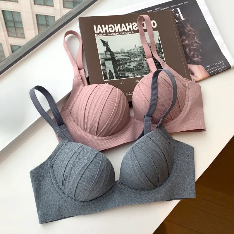 2026 New Pleated Bras Push Up Bra Small Chest No Steel Ring Wirelss Soft Bra Solid Color Sweet Seamless Bra